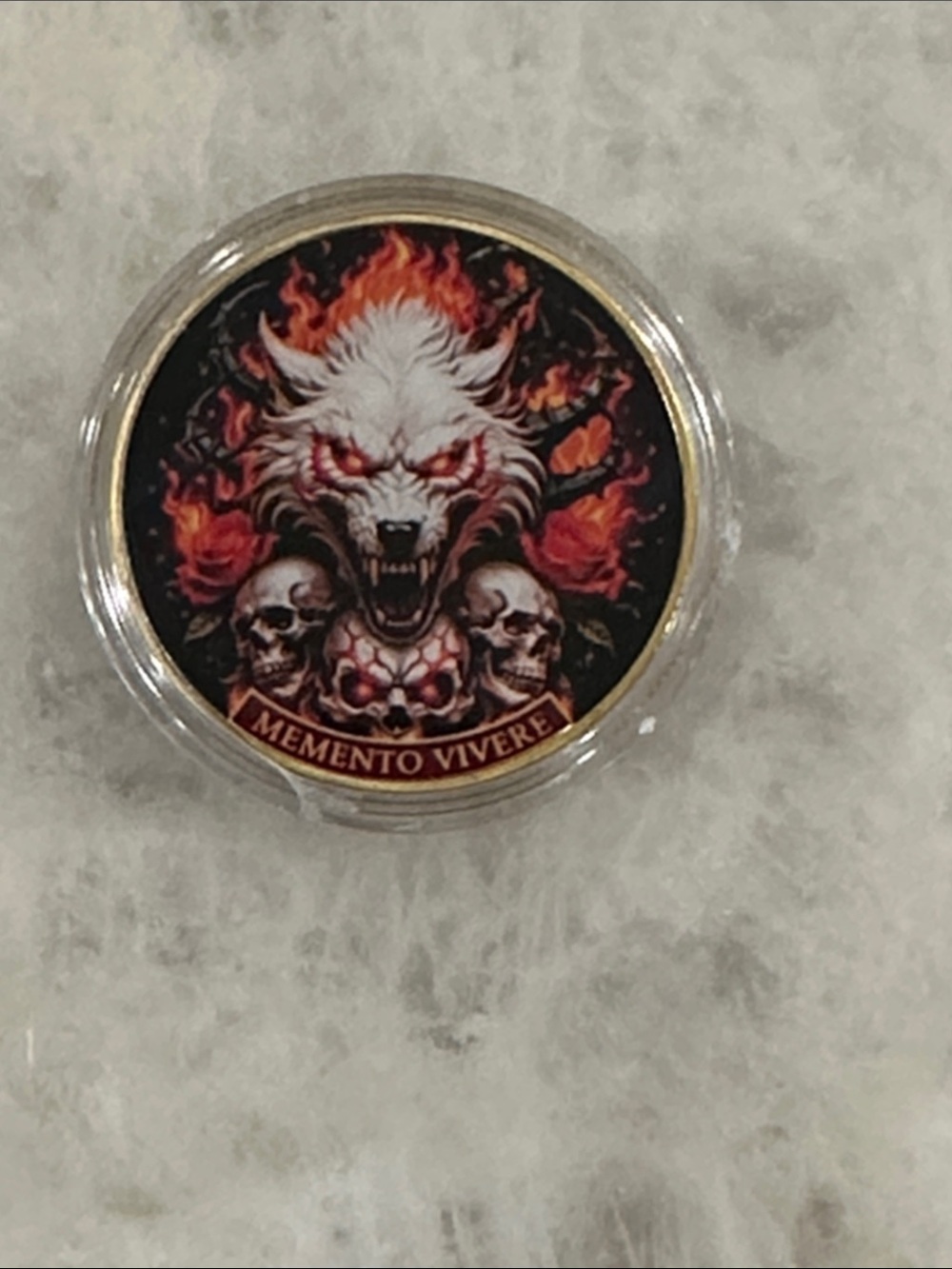 Memento Vivere Fiery Wolf Decorative Coin - Black and Red
